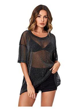 Womens Glitter Sheer Mesh T-Shirt | Sparkly Going Out Top | Loose Fit Short